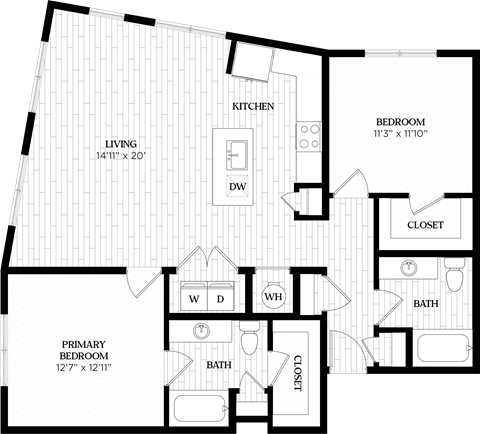 Floor plan for 2 beds, 2 baths, 1195 sqft